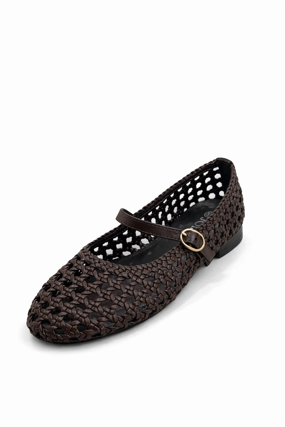 Woven Mary Jane Brown Flats with Gold Buckle | Wholesale