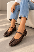 Woven Mary Jane Brown Flats with Gold Buckle | Wholesale