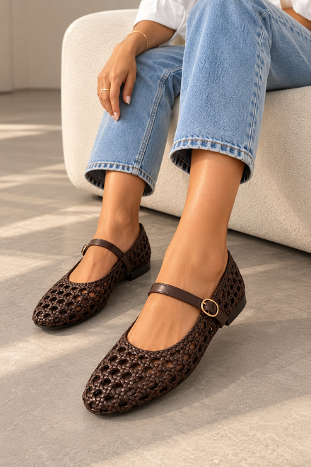 Woven Mary Jane Brown Flats with Gold Buckle | Wholesale