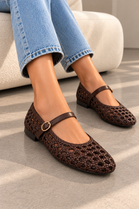 Woven Mary Jane Brown Flats with Gold Buckle | Wholesale