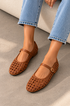 Woven Mary Jane Camel Flats with Gold Buckle | Wholesale