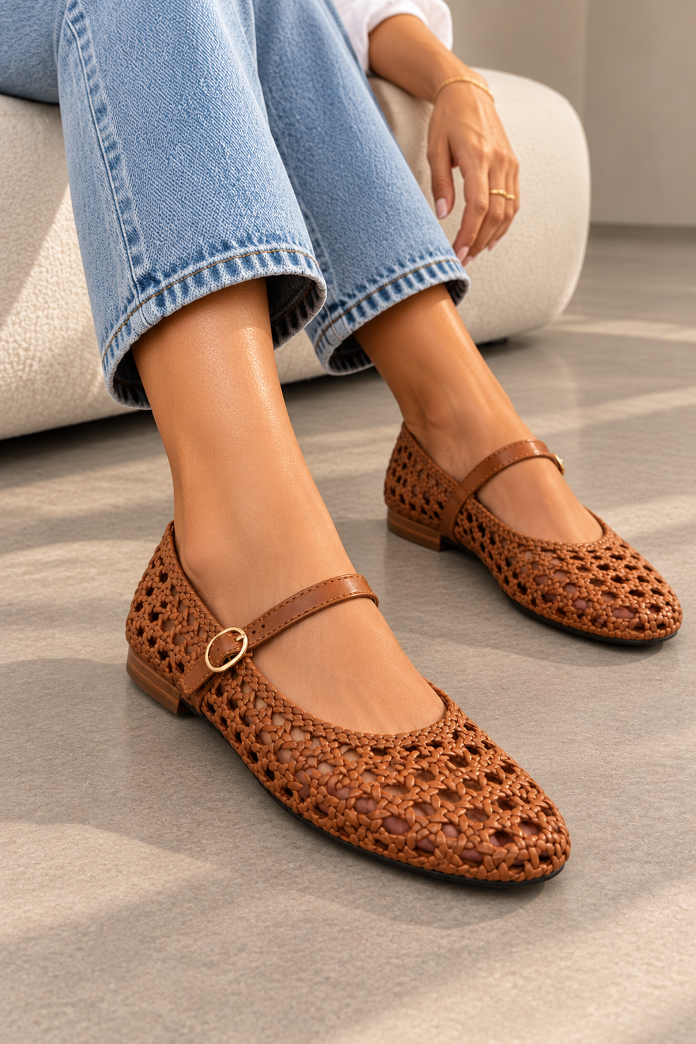 Woven Mary Jane Camel Flats with Gold Buckle | Wholesale