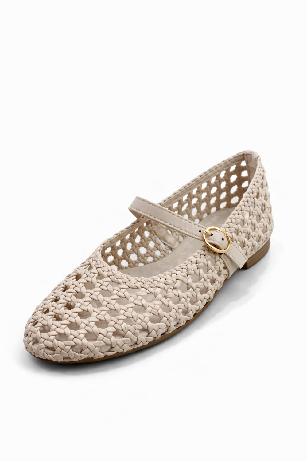 Woven Mary Jane Beige Flats with Gold Buckle | Wholesale