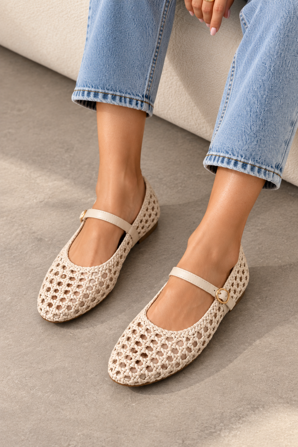 Woven Mary Jane Beige Flats with Gold Buckle | Wholesale