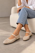 Woven Mary Jane Beige Flats with Gold Buckle | Wholesale