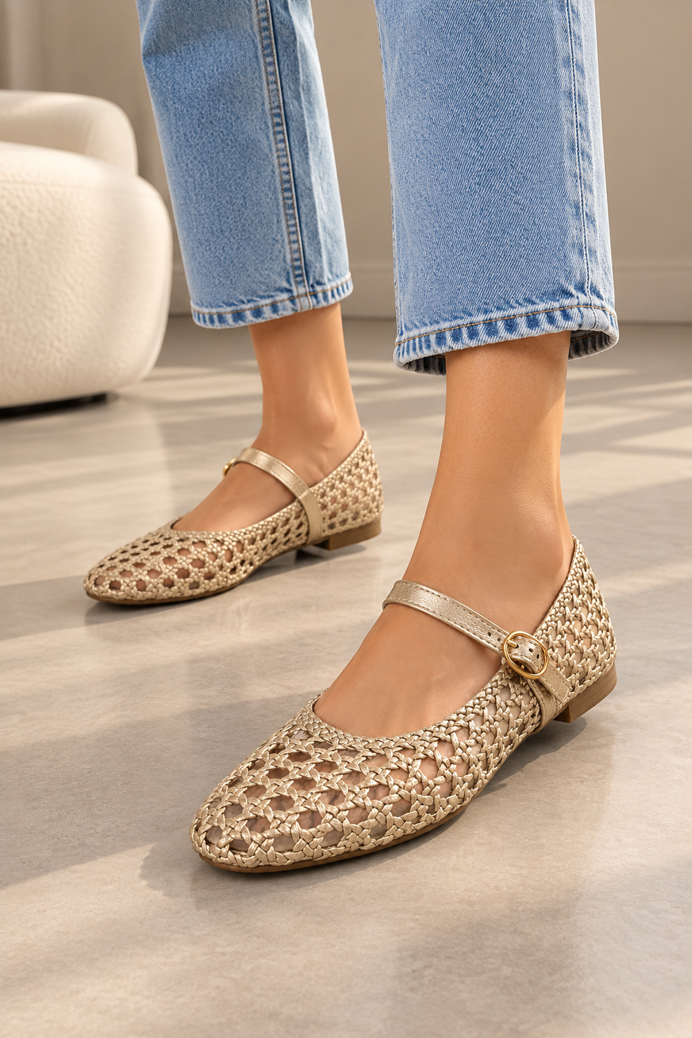 Woven Mary Jane Gold Flats with Gold Buckle | Wholesale