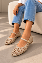 Woven Mary Jane Gold Flats with Gold Buckle | Wholesale