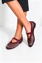 Wholesale Wine Red Rhinestone Mesh Ballet Mary Jane Flats