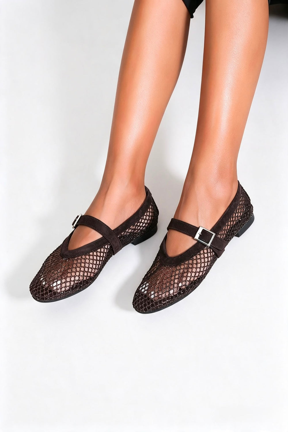 Wholesale Brown Rhinestone Mesh Ballet Mary Jane Flats