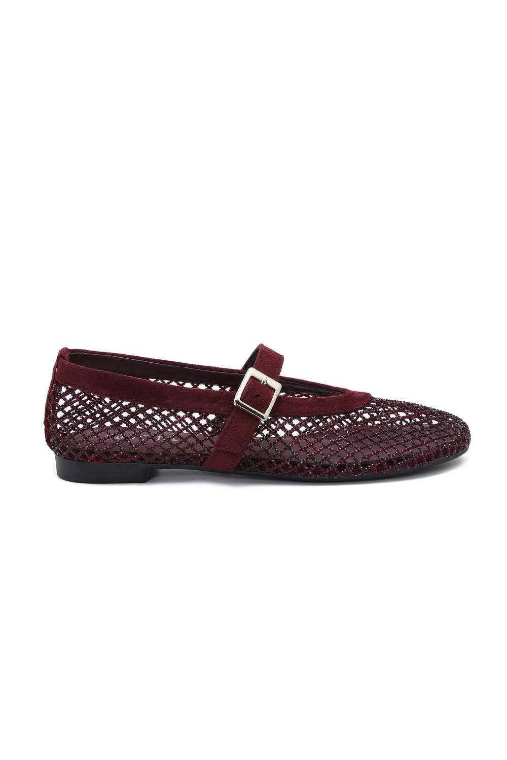 Wholesale Wine Red Rhinestone Mesh Ballet Mary Jane Flats