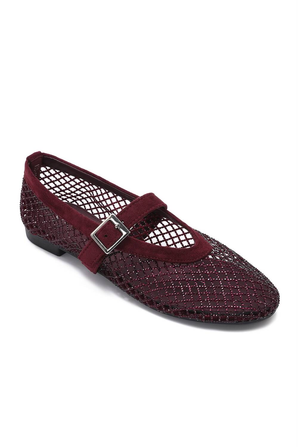 Wholesale Wine Red Rhinestone Mesh Ballet Mary Jane Flats