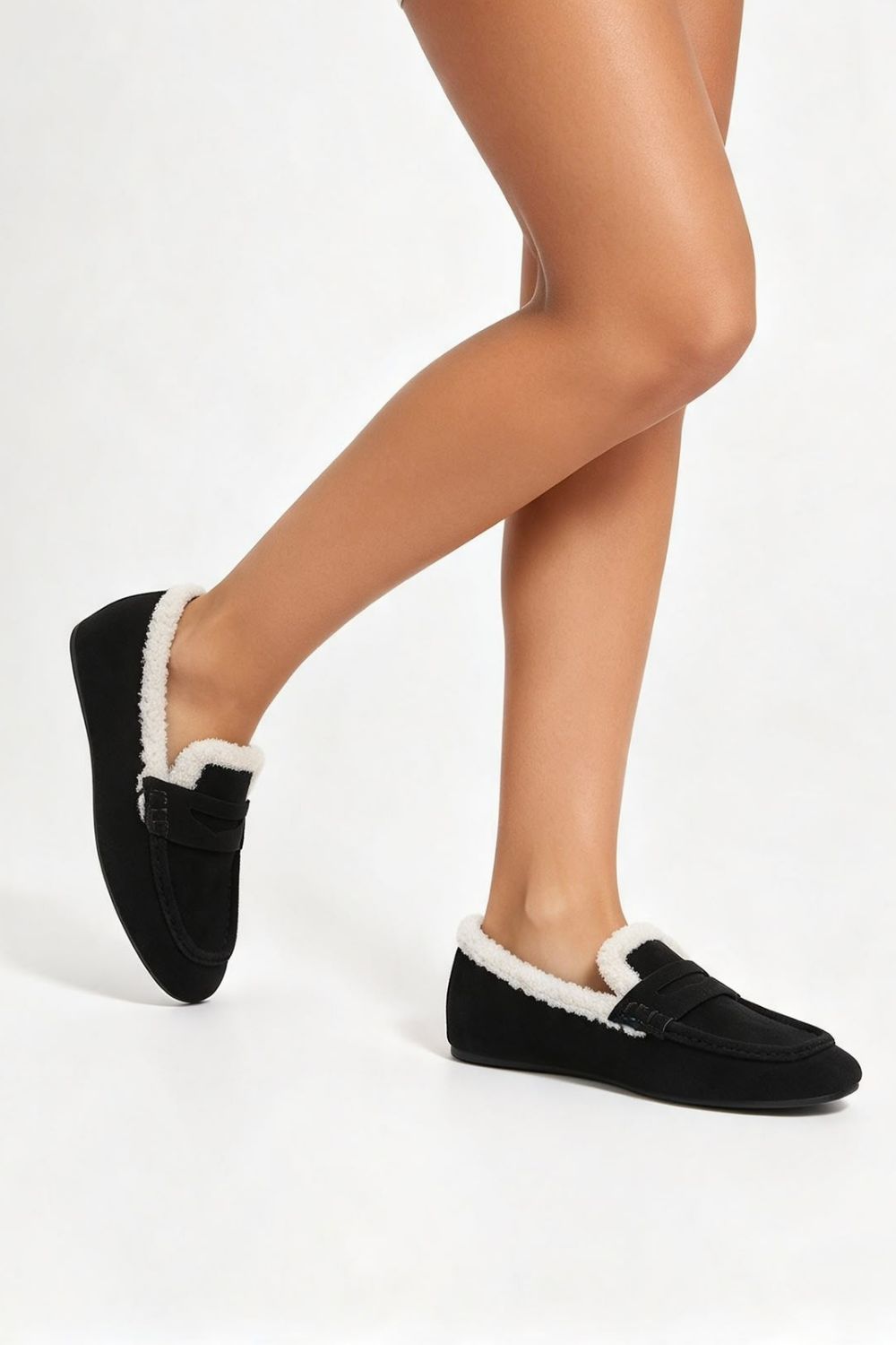 Women’s Faux Fur Lined Penny Loafers in Black | Wholesale