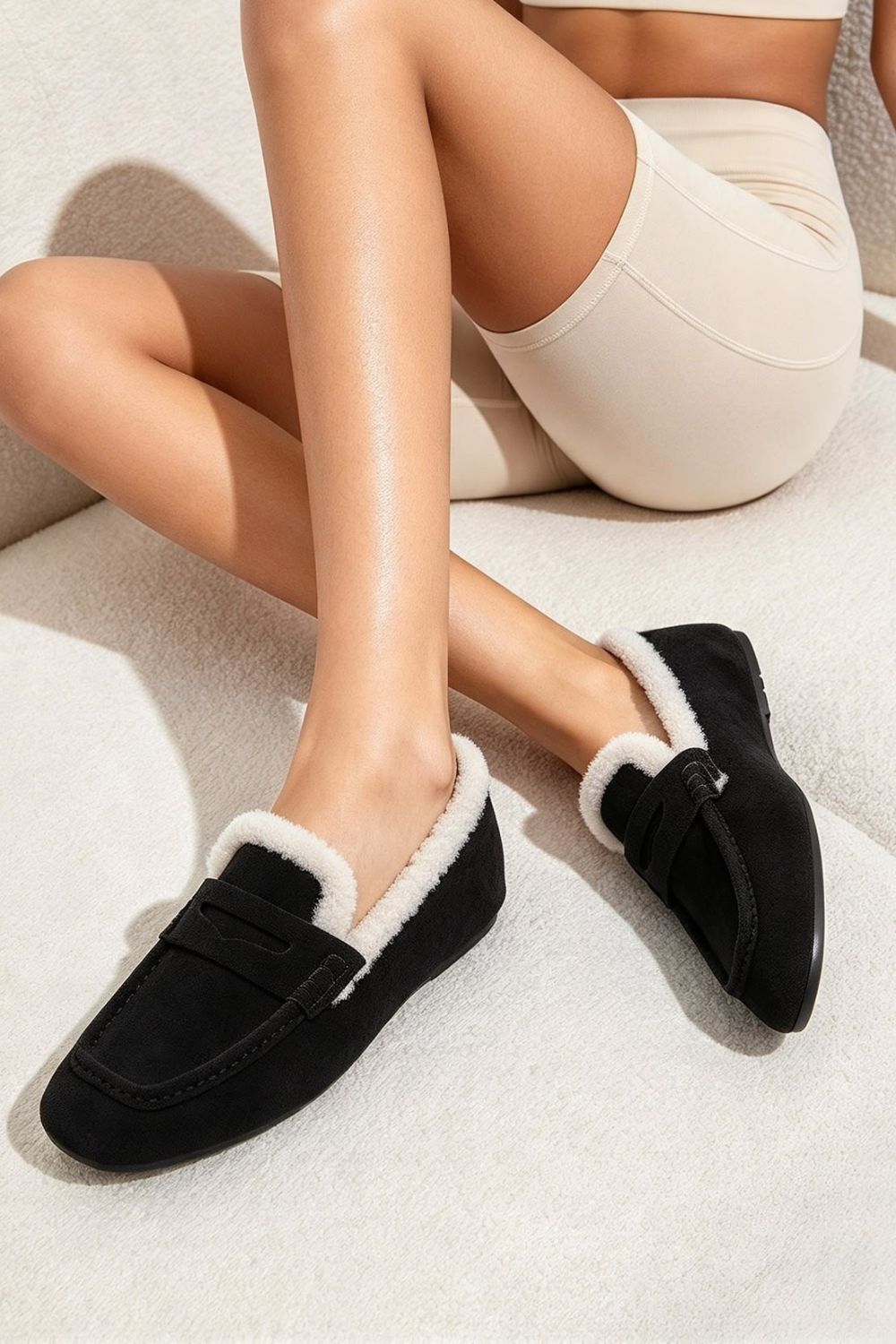 Women’s Faux Fur Lined Penny Loafers in Black | Wholesale