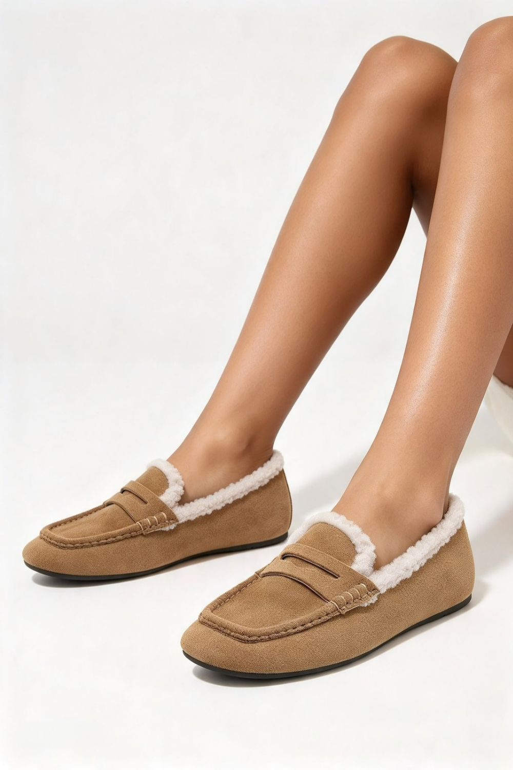Women’s Faux Fur Lined Penny Loafers in Camel | Wholesale