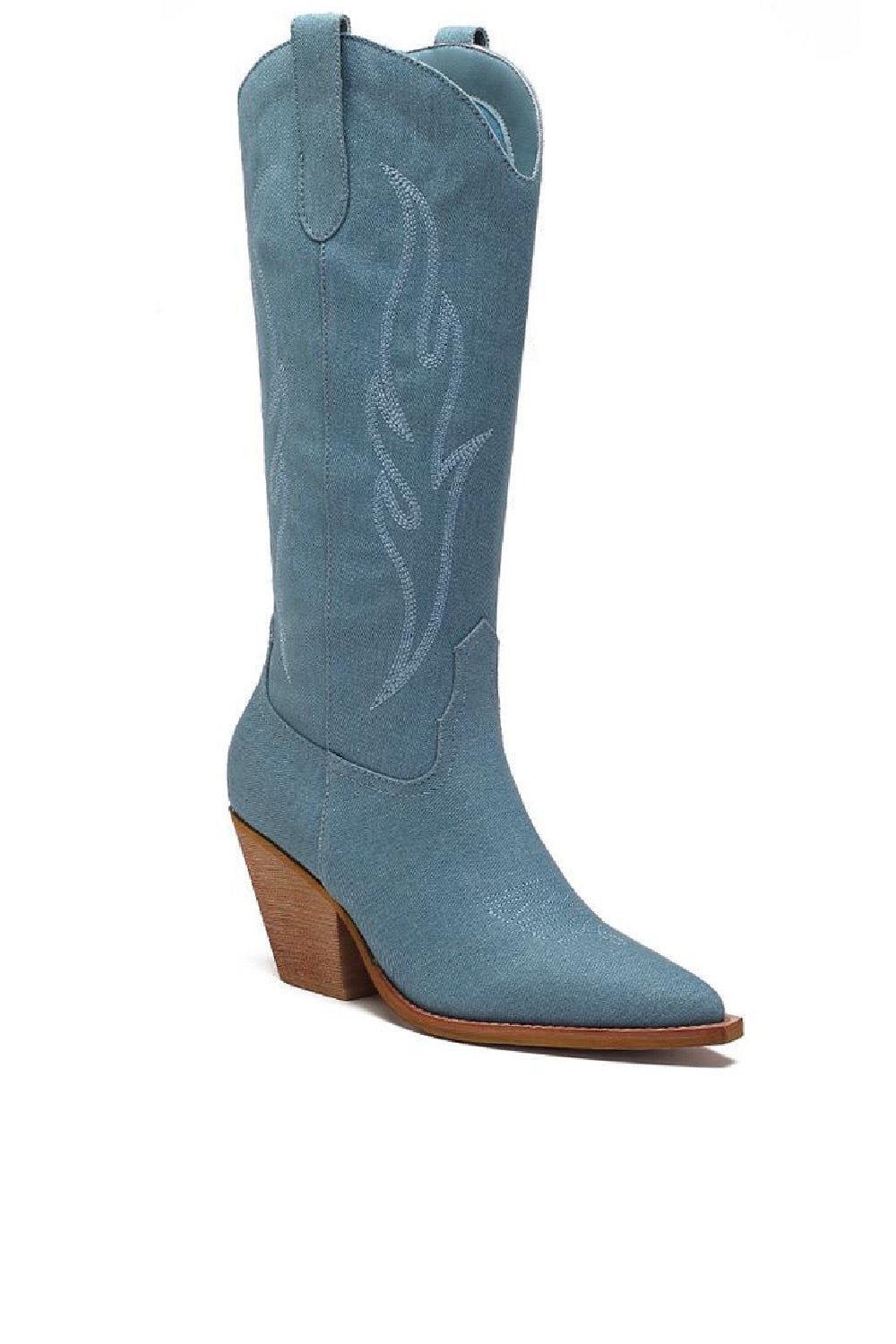 BLUE EMBROIDERY DETAIL WESTERN BOOTS KNEE HIGH COWBOY BOOTS