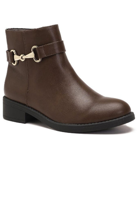 BROWN FLAT GOLD TRIM DETAIL ANKLE BOOTS