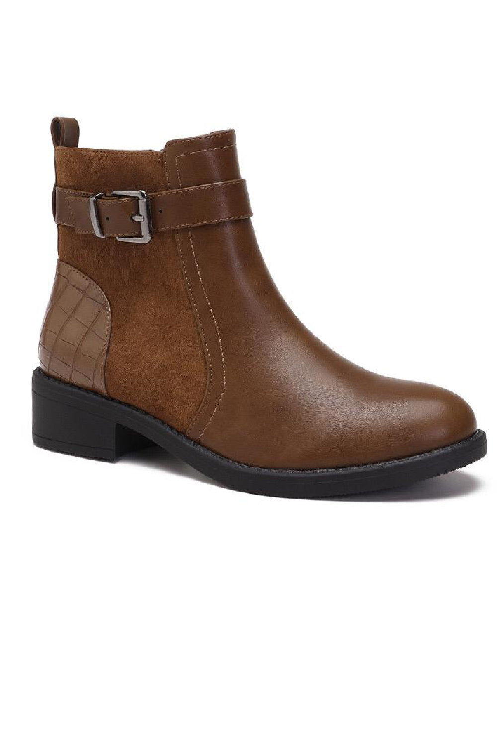 CAMEL FLAT BUCKLE DEATIAL ANKLE BOOTS