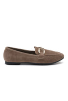 Khaki Faux Suede Flat Loafers with Gold Accent