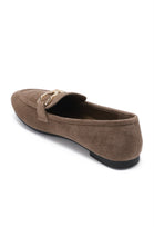 Khaki Faux Suede Flat Loafers with Gold Accent