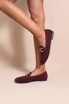 Wine Red Faux Suede Flat Loafers with Gold Accent