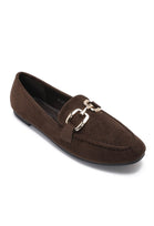 Brown Faux Suede Flat Loafers with Gold Accent