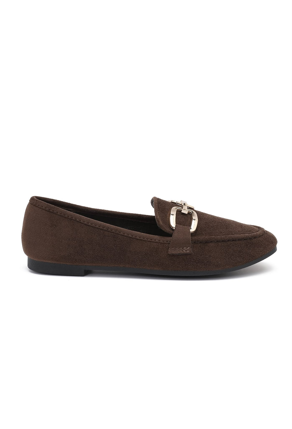 Brown Faux Suede Flat Loafers with Gold Accent