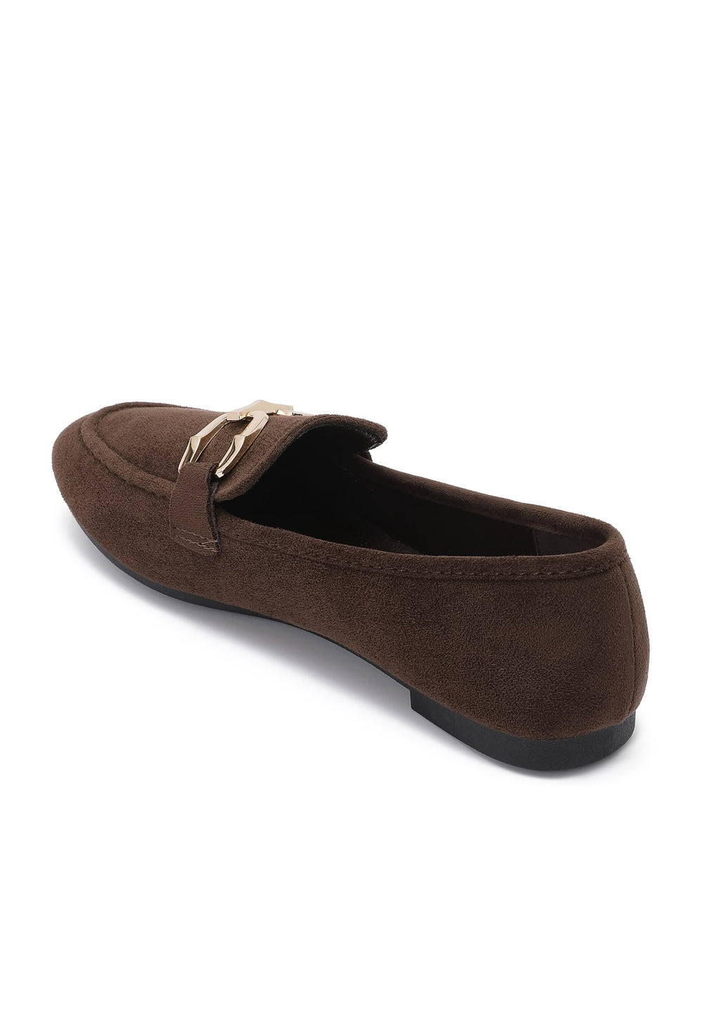 Brown Faux Suede Flat Loafers with Gold Accent