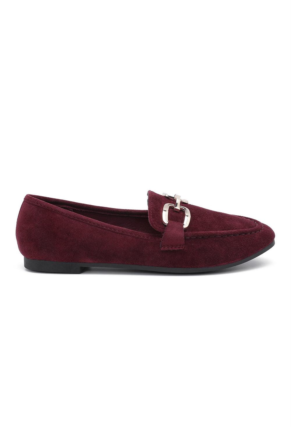 Wine Red Faux Suede Flat Loafers with Gold Accent