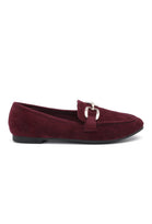 Wine Red Faux Suede Flat Loafers with Gold Accent