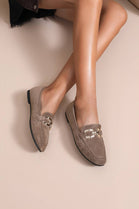 Khaki Faux Suede Flat Loafers with Gold Accent