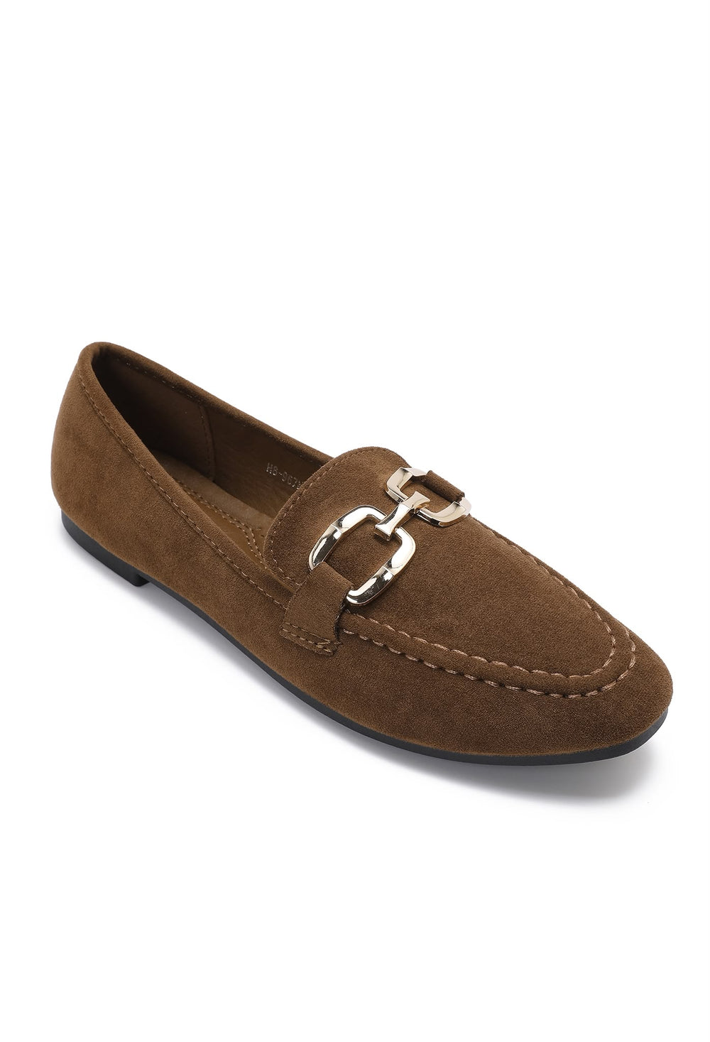 Camel Faux Suede Flat Loafers with Gold Accent