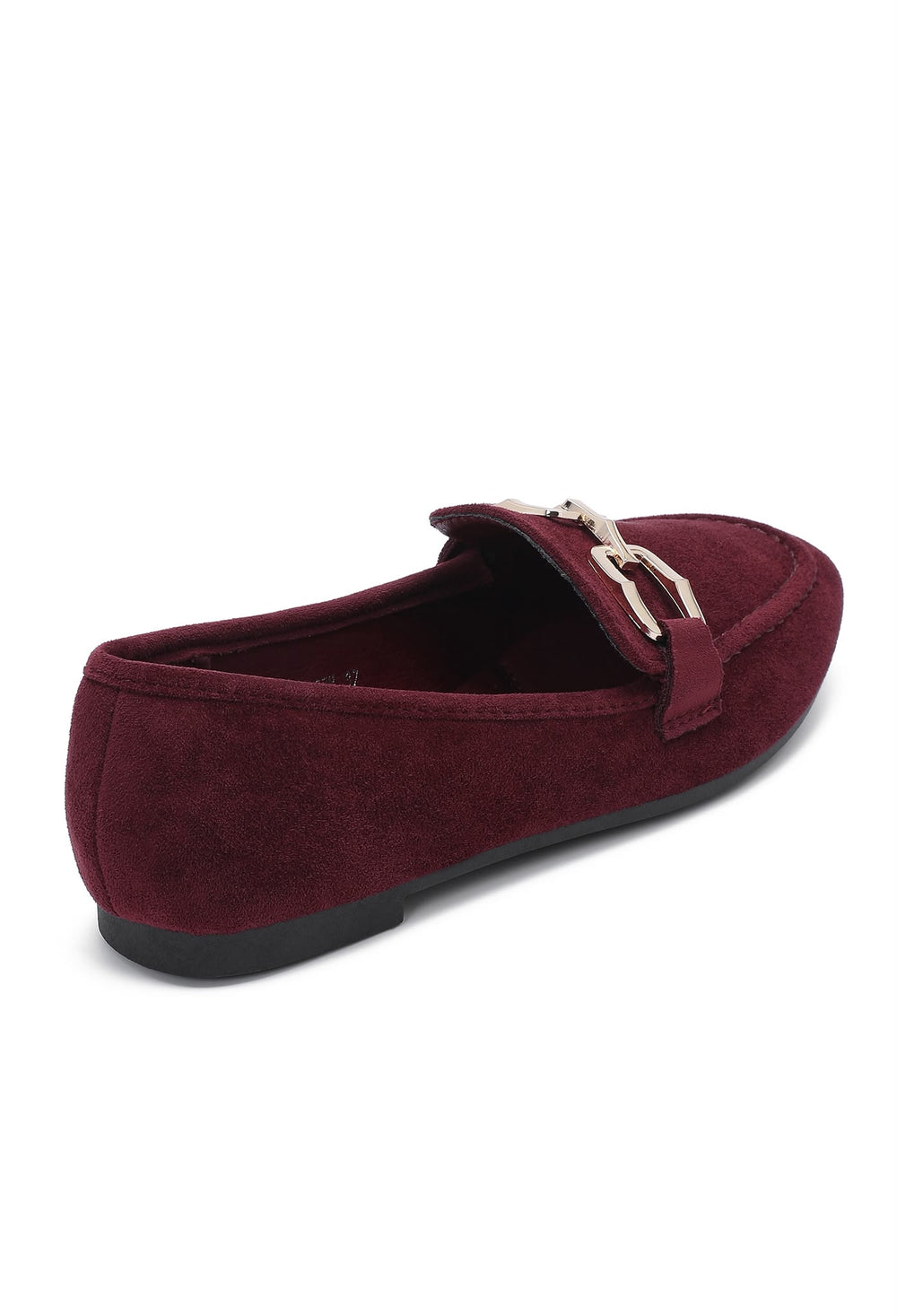 Wine Red Faux Suede Flat Loafers with Gold Accent