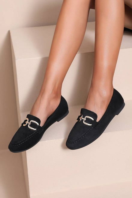 Black Faux Suede Flat Loafers with Gold Accent