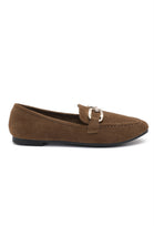 Camel Faux Suede Flat Loafers with Gold Accent