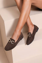 Brown Faux Suede Flat Loafers with Gold Accent