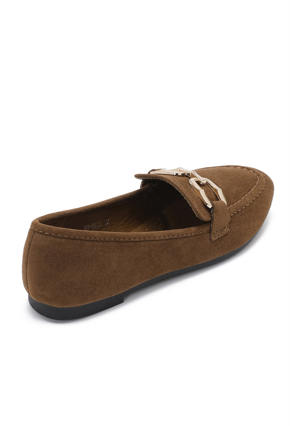 Camel Faux Suede Flat Loafers with Gold Accent