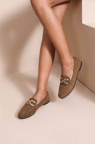 Camel Faux Suede Flat Loafers with Gold Accent