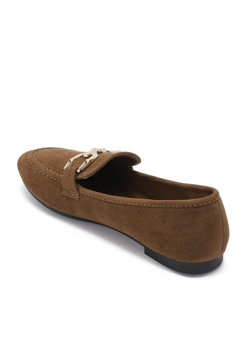 Camel Faux Suede Flat Loafers with Gold Accent