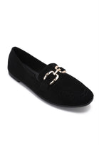 Black Faux Suede Flat Loafers with Gold Accent