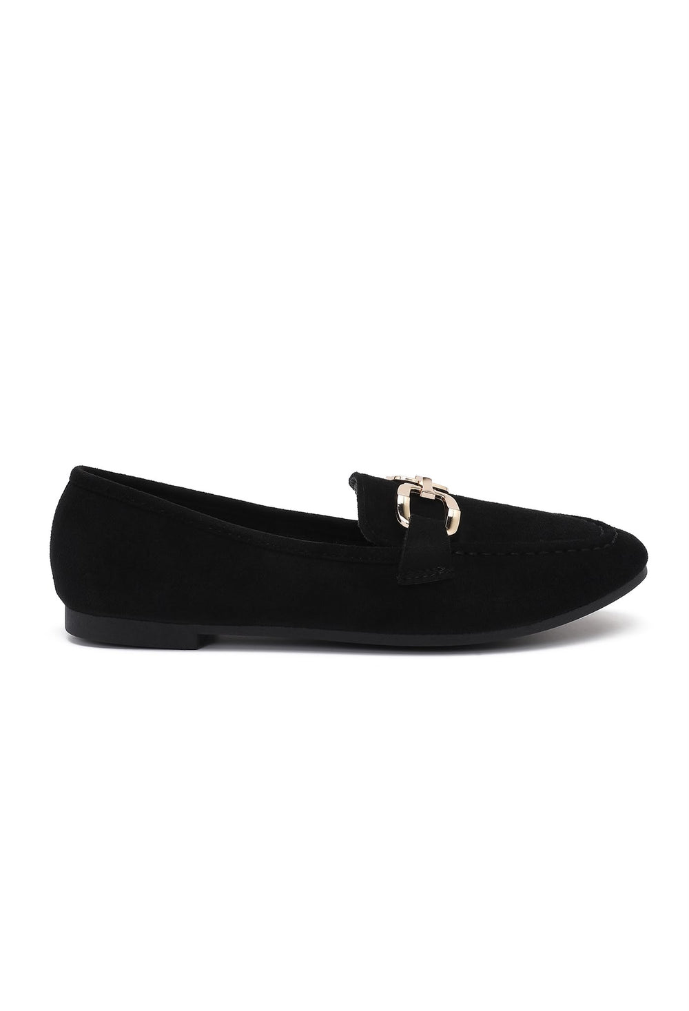 Black Faux Suede Flat Loafers with Gold Accent