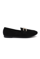 Black Faux Suede Flat Loafers with Gold Accent