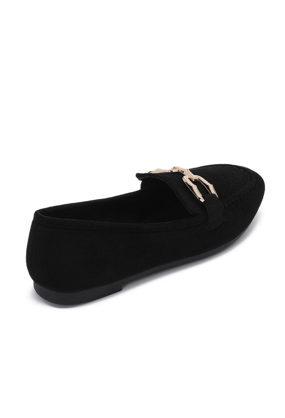 Black Faux Suede Flat Loafers with Gold Accent
