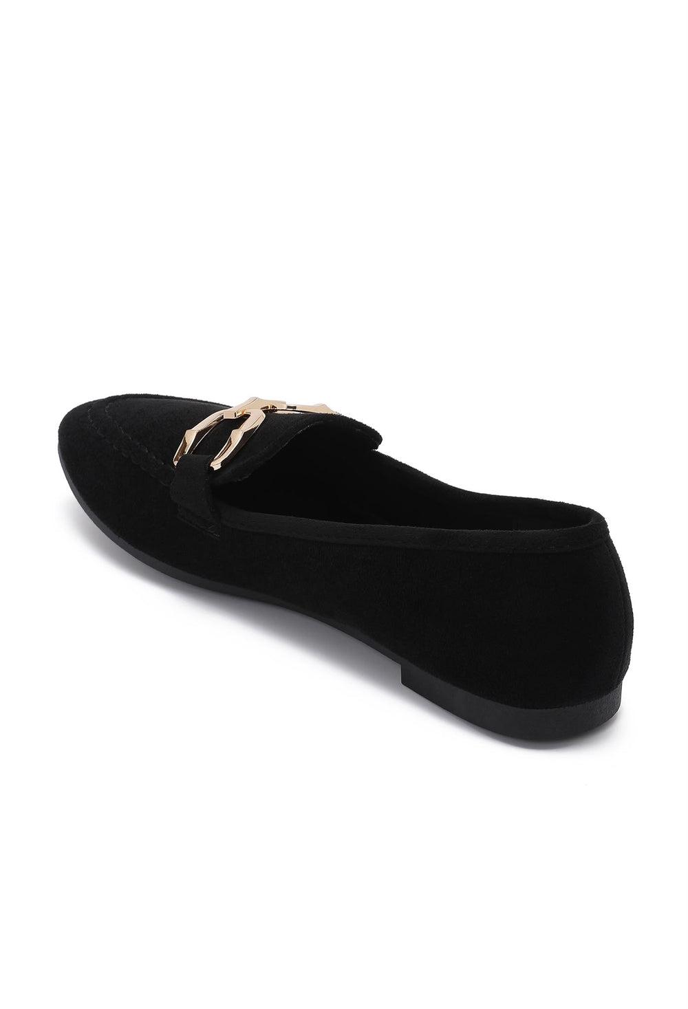 Black Faux Suede Flat Loafers with Gold Accent