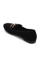 Black Faux Suede Flat Loafers with Gold Accent