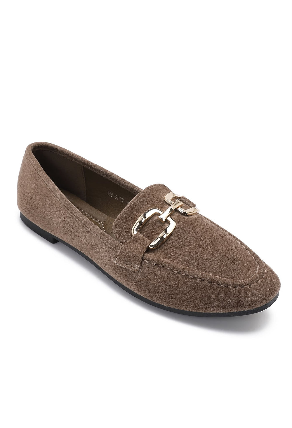 Khaki Faux Suede Flat Loafers with Gold Accent