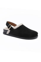 BLACK FAUX FUR LINED FLUFFY BUCKLE MULE SLIPPERS CLOGS