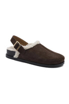 BROWN FAUX FUR LINED FLUFFY BUCKLE MULE SLIPPERS CLOGS