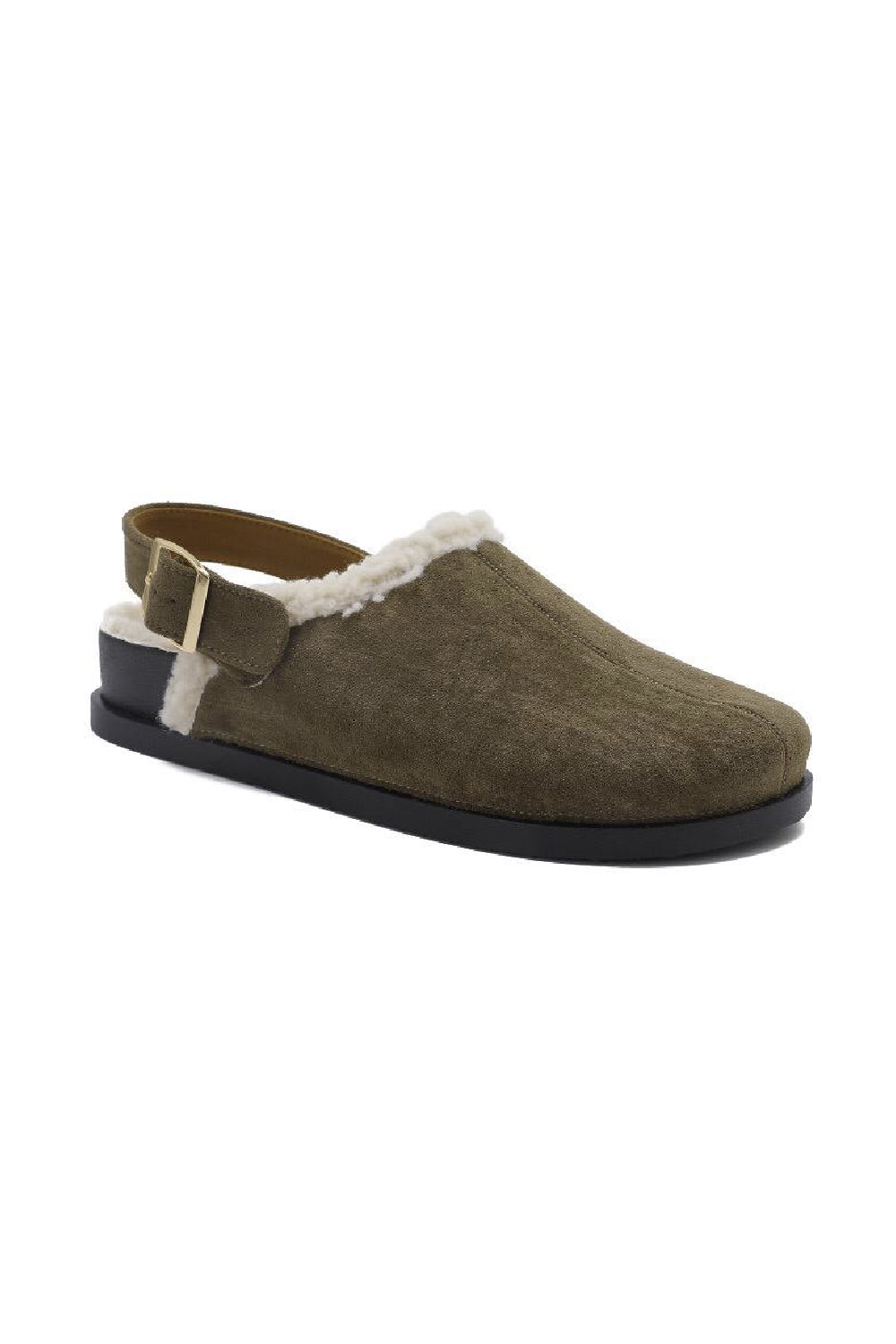 GREEN FAUX FUR LINED FLUFFY BUCKLE MULE SLIPPERS CLOGS