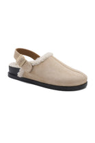 KHAKI FAUX FUR LINED FLUFFY BUCKLE MULE SLIPPERS CLOGS