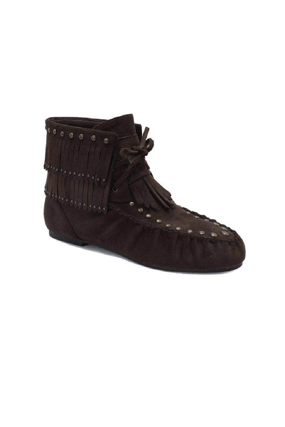 BROWN FRINGE TASSEL DETAIL STUDDED VINTAGE ANKLE BOOTS